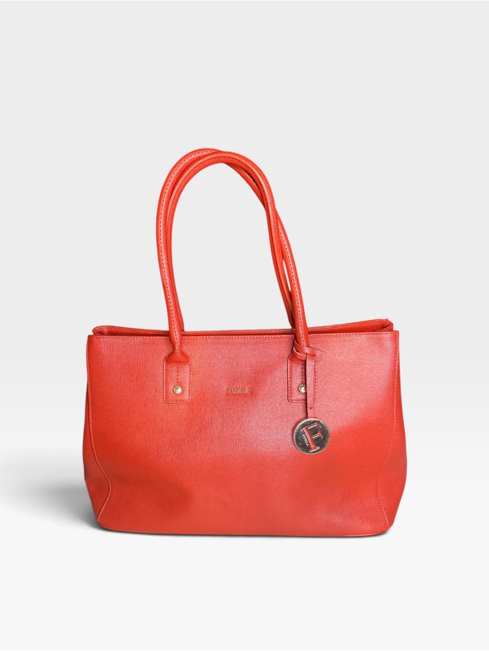 Furla Linda Red Leather Tote with Logo Charm